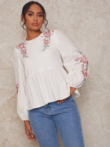 Long Sleeve Embroidered Detail Smock Top in White