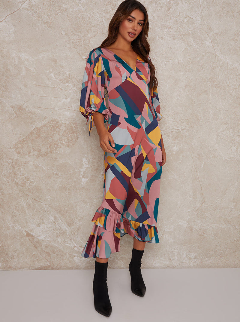 V Neck Puff Sleeve Graphic Print Maxi Dress in Multi