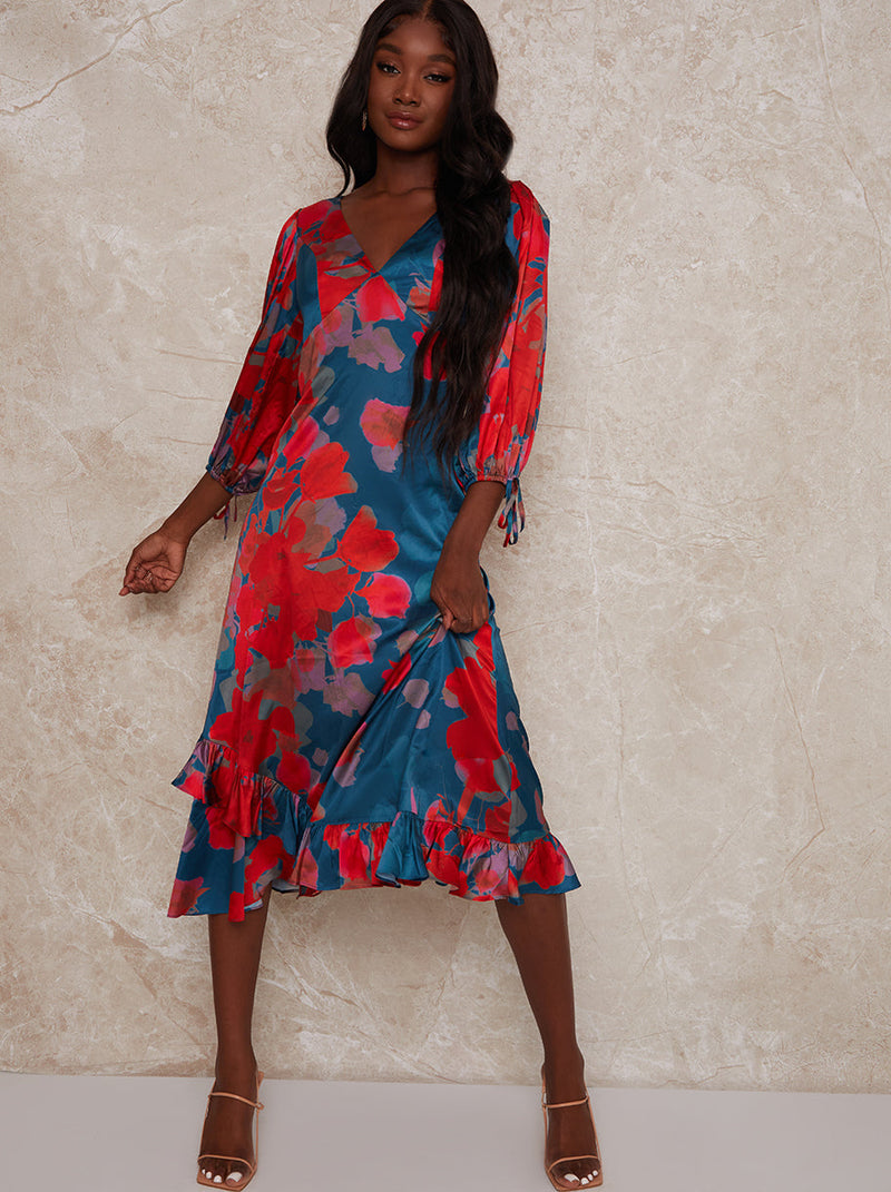 V Neck Puff Sleeve Floral Midi Dress in Navy
