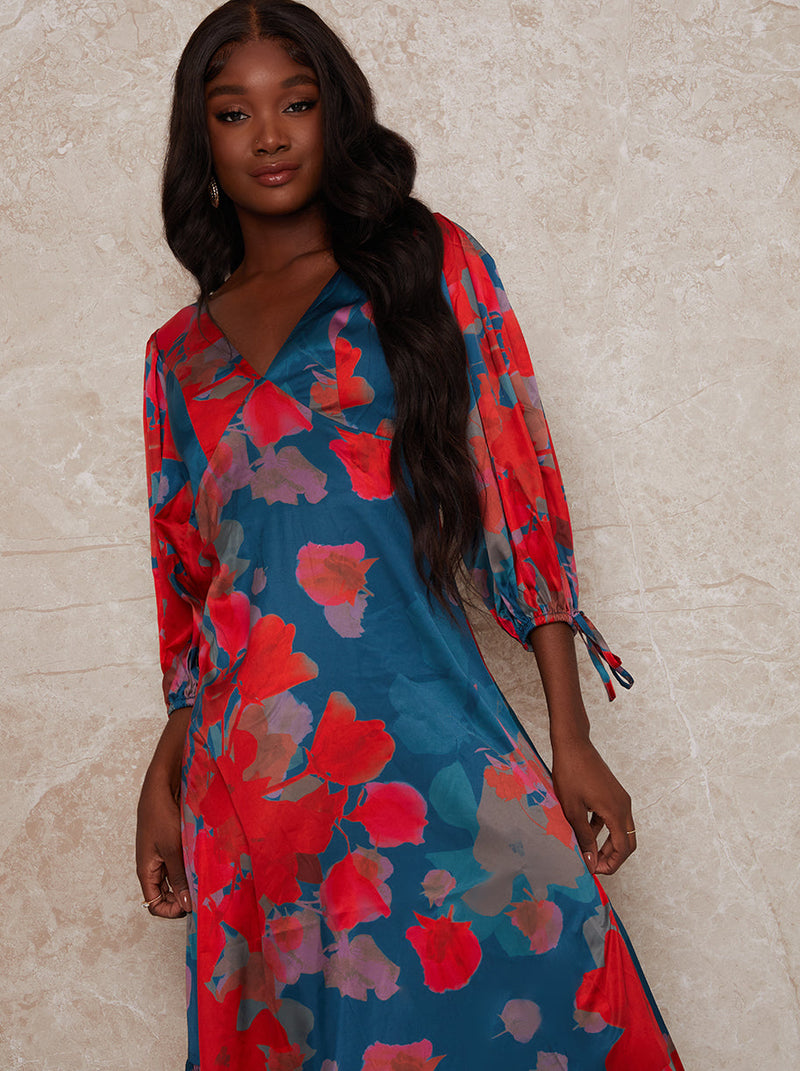 V Neck Puff Sleeve Floral Midi Dress in Navy