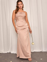 Petite Satin Cami Lace Insert Ruched Maxi Dress in Champagne