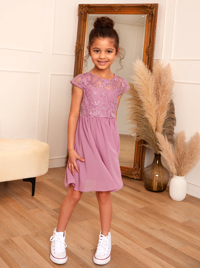Younger Girls Embroidered Midi Dress in Purple