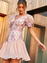 V Neck Floral Premium Lace Mini Dress in Pink