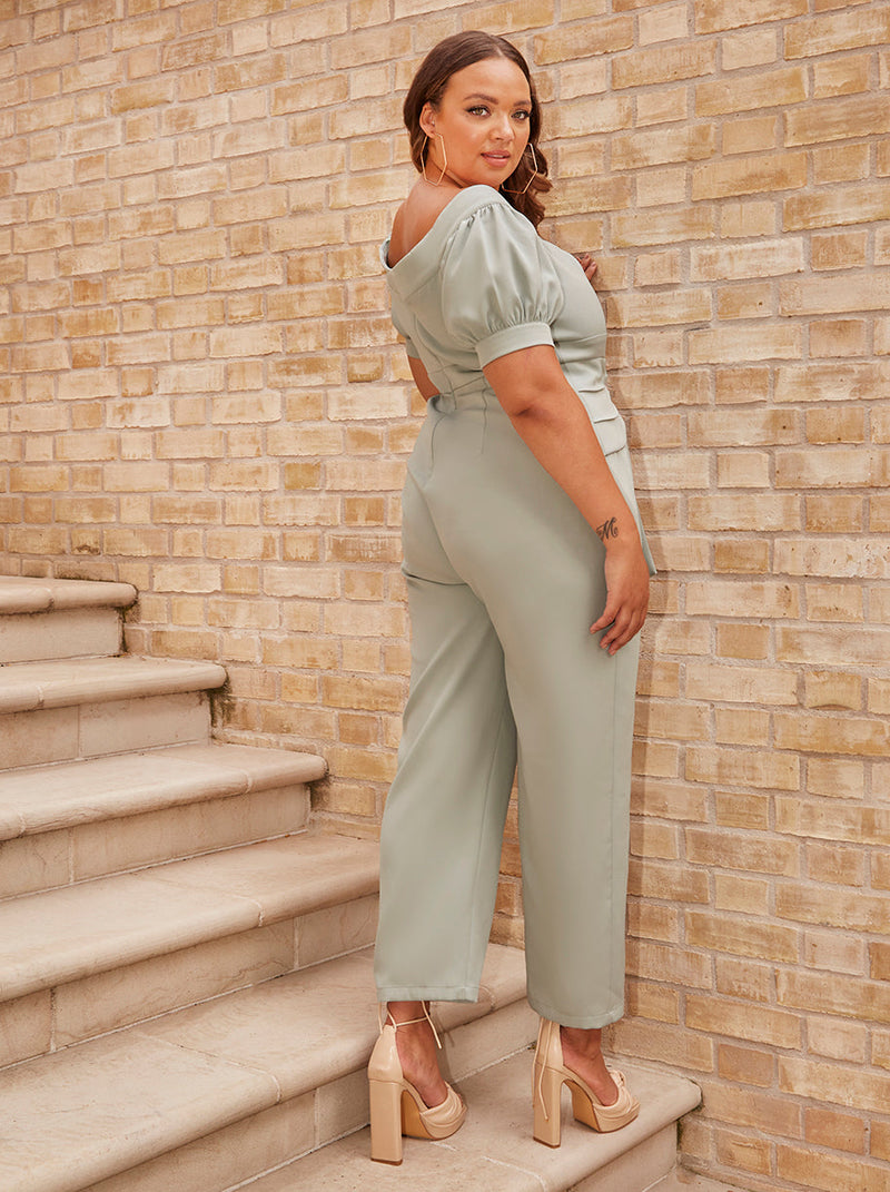 Plus Size Puff Sleeve Bardot Jumpsuit in Green