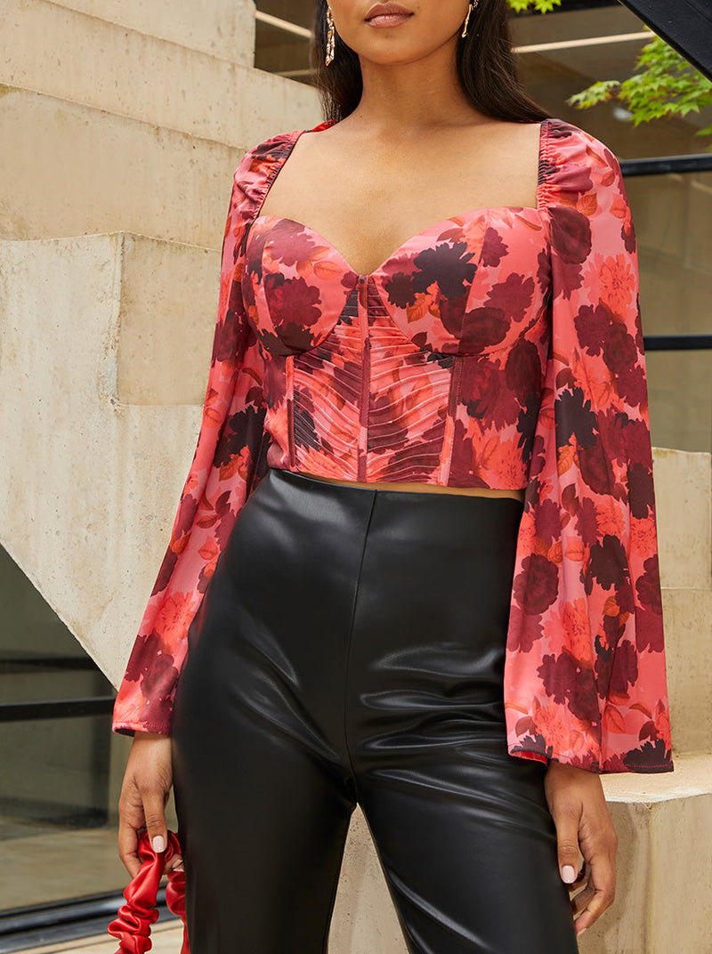 Long Sleeve Corset Style Floral Top in Red