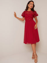 Puff Sleeve 3D Lace Midi Dress in Berry
