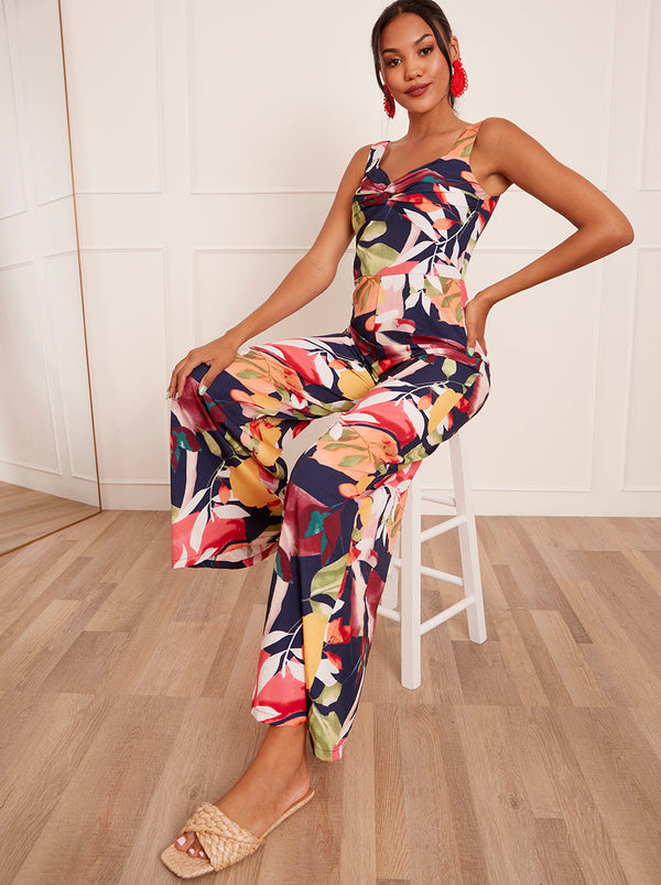 Front Knot Floral Print Jumpsuit in Navy