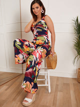 Petite Front Knot Floral Jumpsuit in Navy