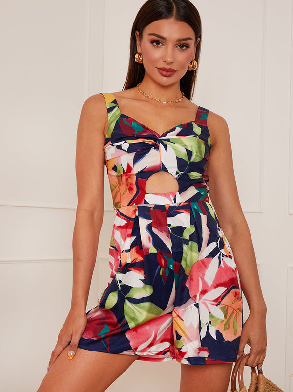 Cut-Out Floral Print Playsuit in Navy