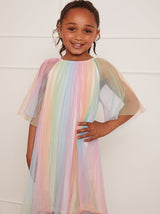 Younger Girls Pleated Bell Sleeve Rainbow Midi Dress in Pink