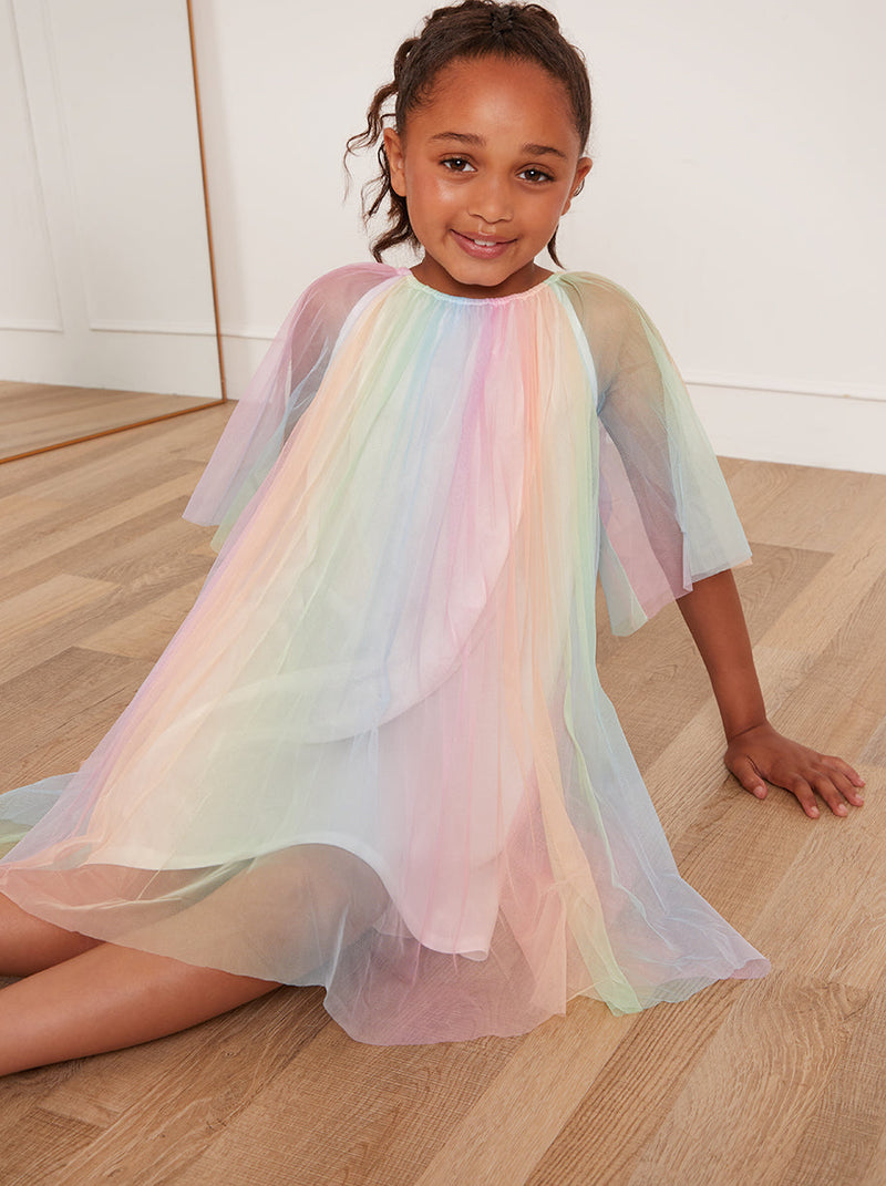 Younger Girls Pleated Bell Sleeve Rainbow Midi Dress in Pink