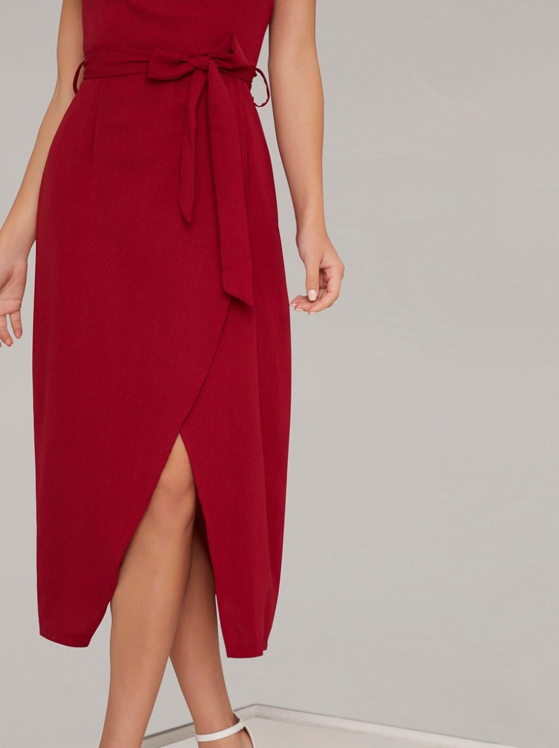 Wrap Detail Tulip Hem Midi Dress in Red