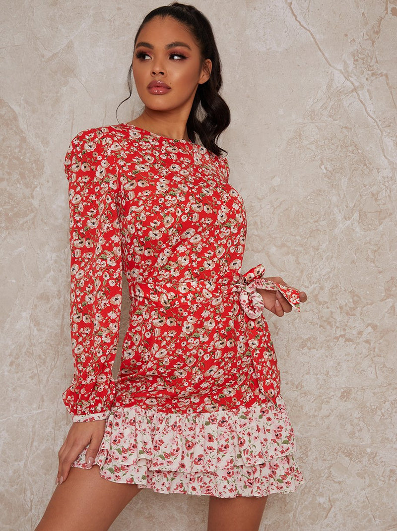 Long Sleeve Floral Mini Dress with High Neckline in Red