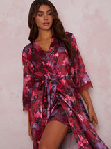 Maxi Length Floral Robe In Burgundy