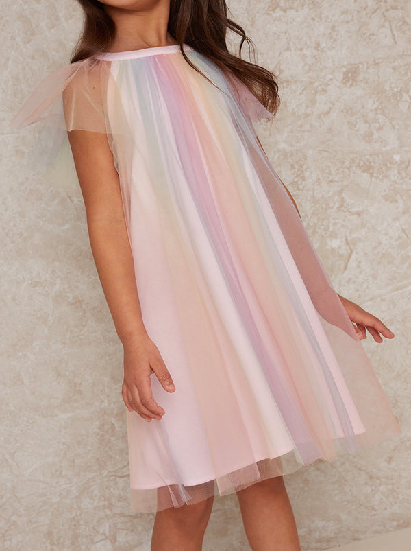 Girls Short Sleeve Rainbow Tulle Midi Dress in Multicolour