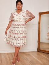 Plus Size V Neck Embroidered Lace Midi Dress in White