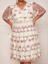 Plus Size V Neck Embroidered Lace Midi Dress in White