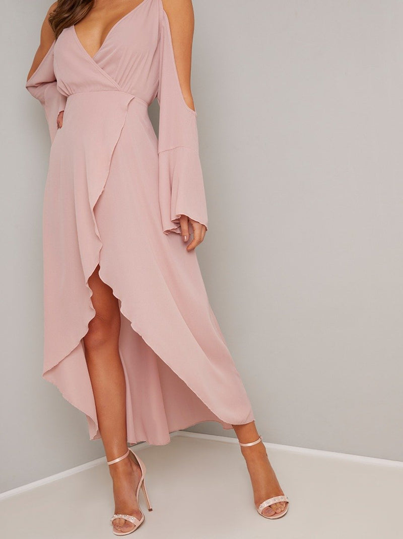 Cold Shoulder Chiffon Wrap Detail Dress in Pink
