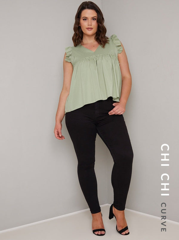 Plus Size Frill Detail Top in Green