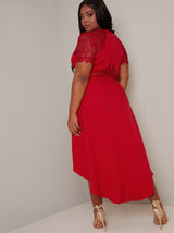 Plus Size Lace Sweatheart Dip Hem Midi Dress in Red