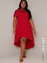 Plus Size Lace Sweatheart Dip Hem Midi Dress in Red
