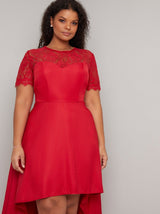 Plus Size Lace Bodice Detail Dip Hem Dress in Red