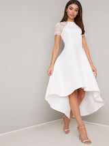Sheer Lace Bodice Dip Hem Midi Dress in White