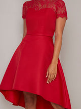 Petite Sheer Lace Sweetheart Dip Hem Midi Dress in Red
