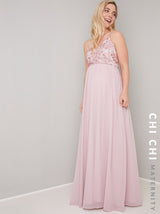 Maternity Lace Overlay Bodice Maxi Dress in Pink