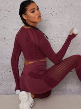 Long Sleeved Cropped Sports Top in Burgundy