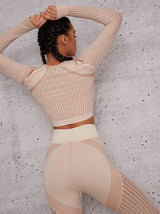 Long Sleeved Cropped Sports Top in Beige