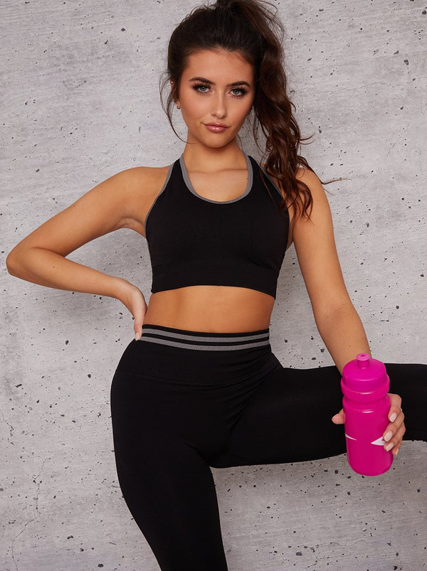 Racer Back Sports Bra with Contrast Piping in Black