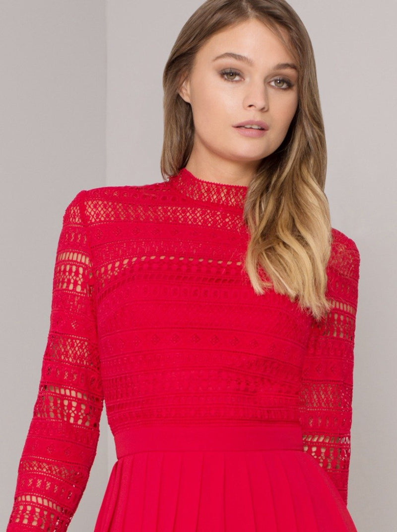 High Neck Long Sleeved Crochet Pleat Midi Dress in Red
