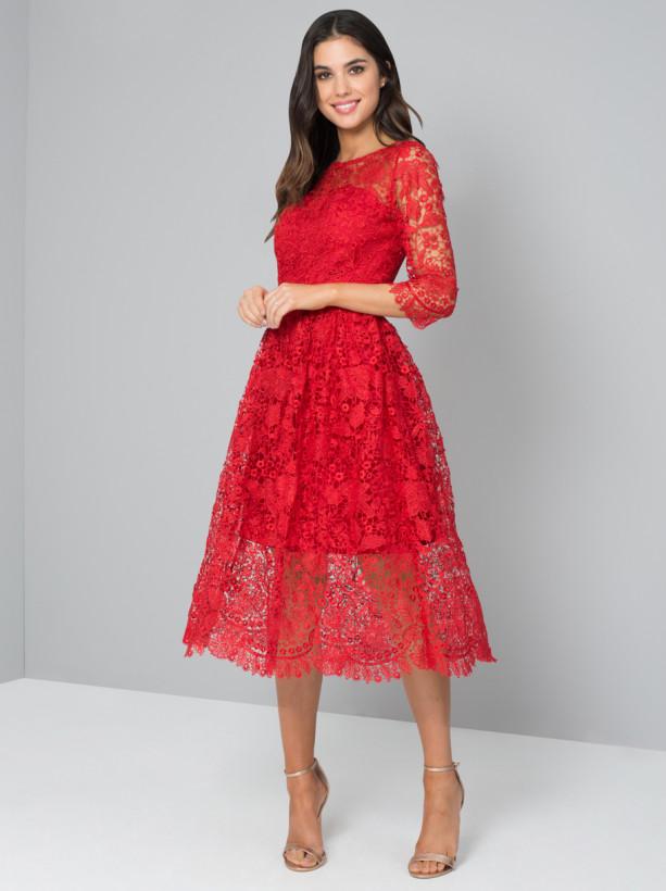 Crochet 3/4 Sleeved Midi Party Dress in Red