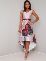 Digital Print Floral Dip Hem Midi Dress in Pink