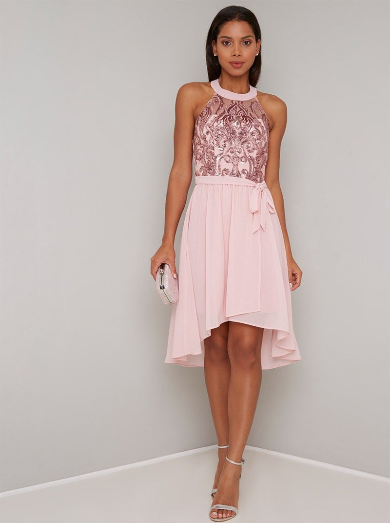 Embellished Dip Hem Halterneck Dress in Pink
