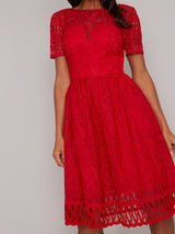Crochet Lace Short Sleeved Midi Dress in Red
