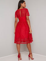 Crochet Lace Short Sleeved Midi Dress in Red