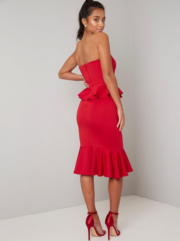 Petite Bardot Bodycon Peplum Midi Dress In Red