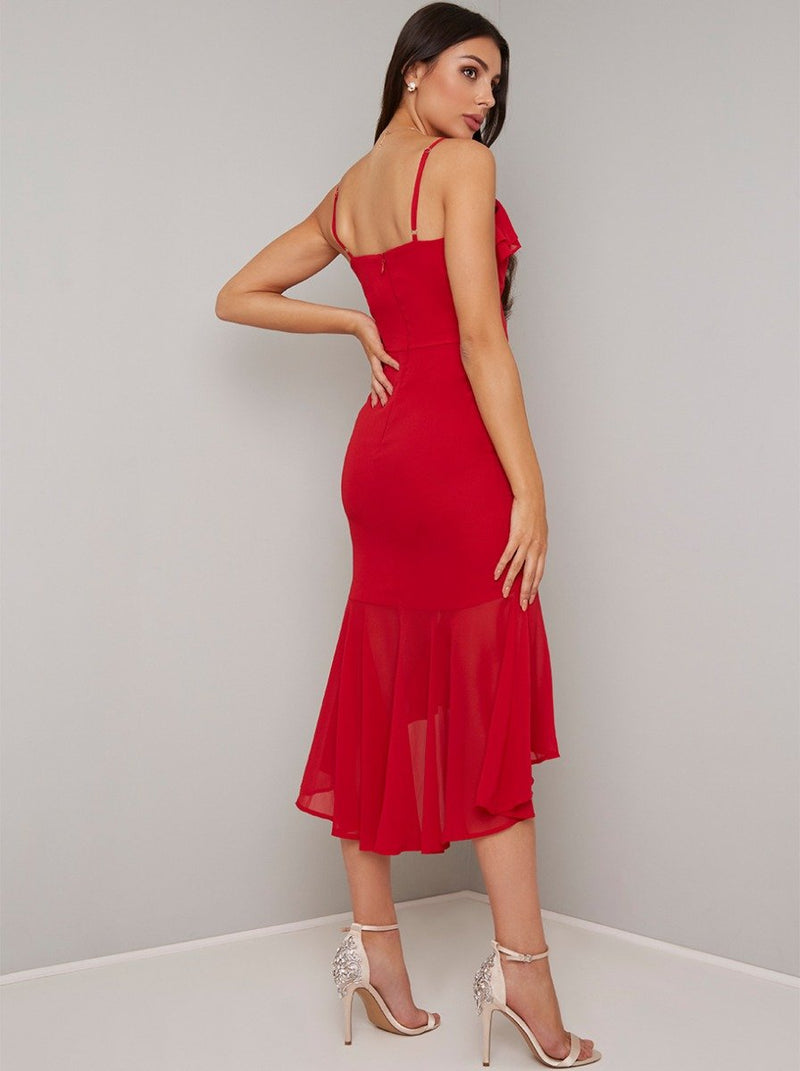 Cami Strap Ruffle Bodycon Midi Dress in Red