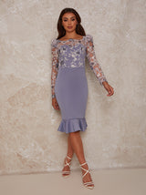 Peplum Embroidered Lace Bodycon Midi Dress in Blue