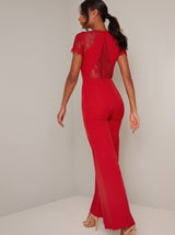 Lace insert Short Sleeved Wide Leg Jumpsuit in Red