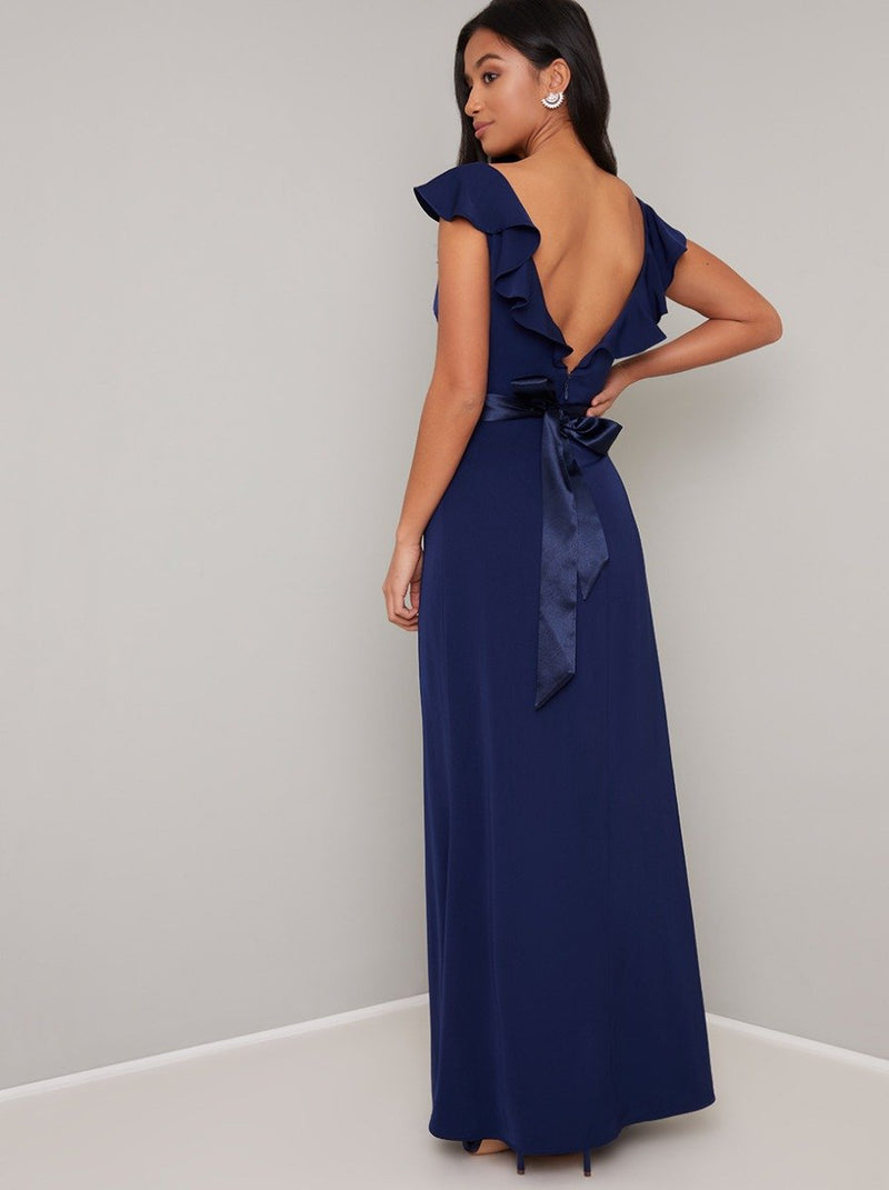 Petite Cap Sleeved Satin Band Maxi Dress in Blue
