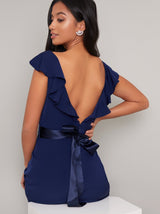 Petite Cap Sleeved Satin Band Maxi Dress in Blue