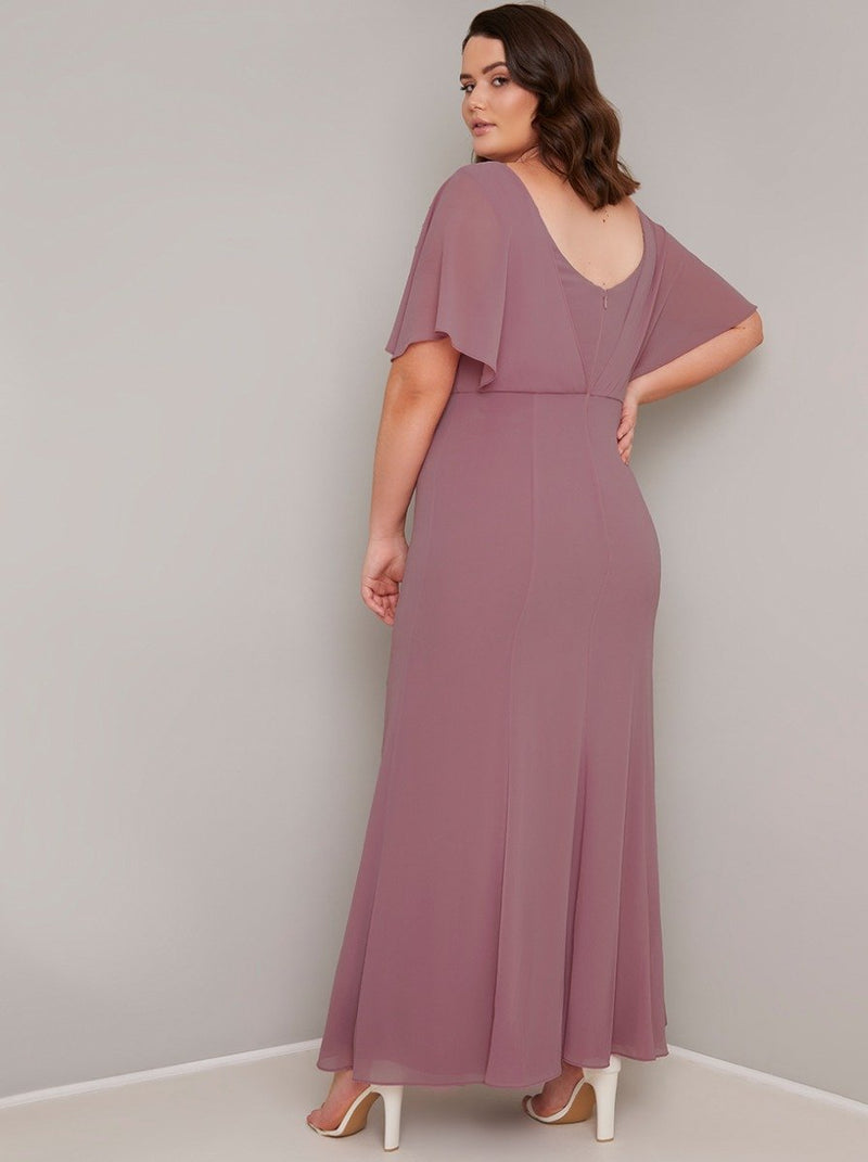 Plus Size Cape Sleeved Chiffon Maxi Dress in Pink