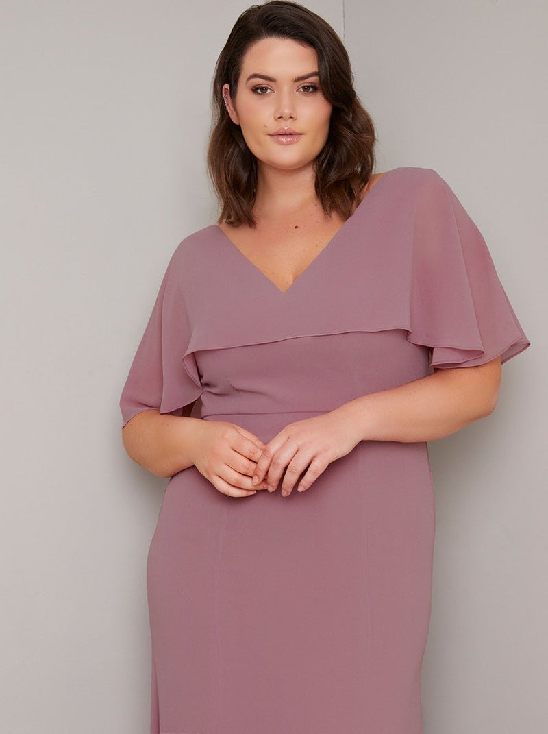 Plus Size Cape Sleeved Chiffon Maxi Dress in Pink