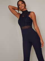 Lace Overlay Slim Fit Jumpsuit in Blue