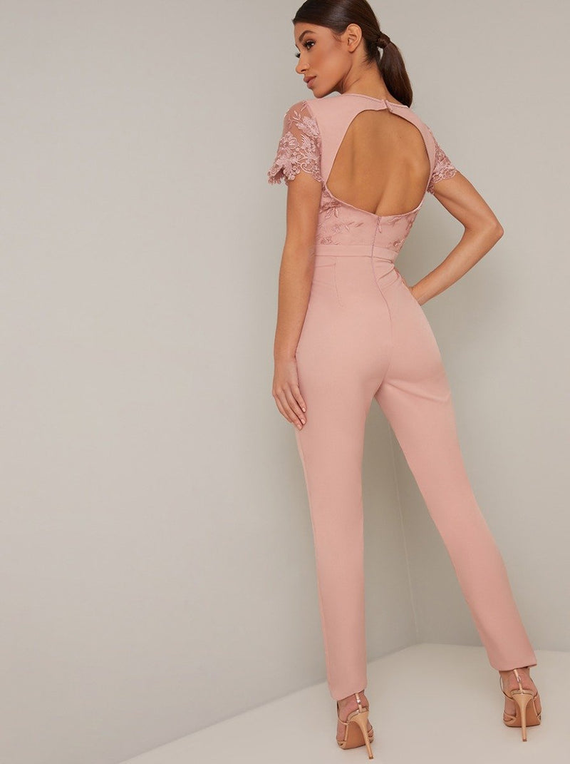 Embroidered Open Back Straight Leg Lumpsuit in Pink