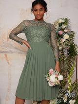 High Neck lace long Sleeve Bridesmaid Midi Dress in Green
