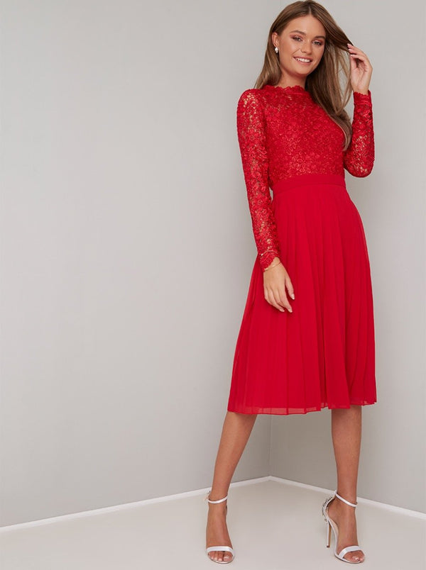 Lace Bodice Long Sleeve Midi Dress in Red